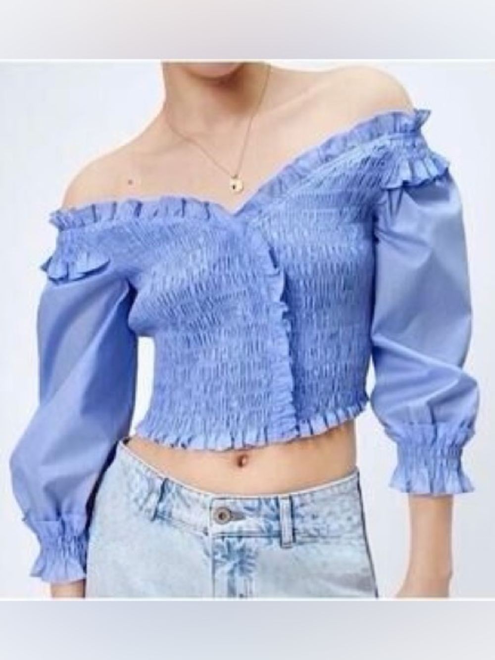 NWT ZARA 100% Cotton Light Blue Smocked Poplin Crop Blouse Puff Sleeve V-Neck M